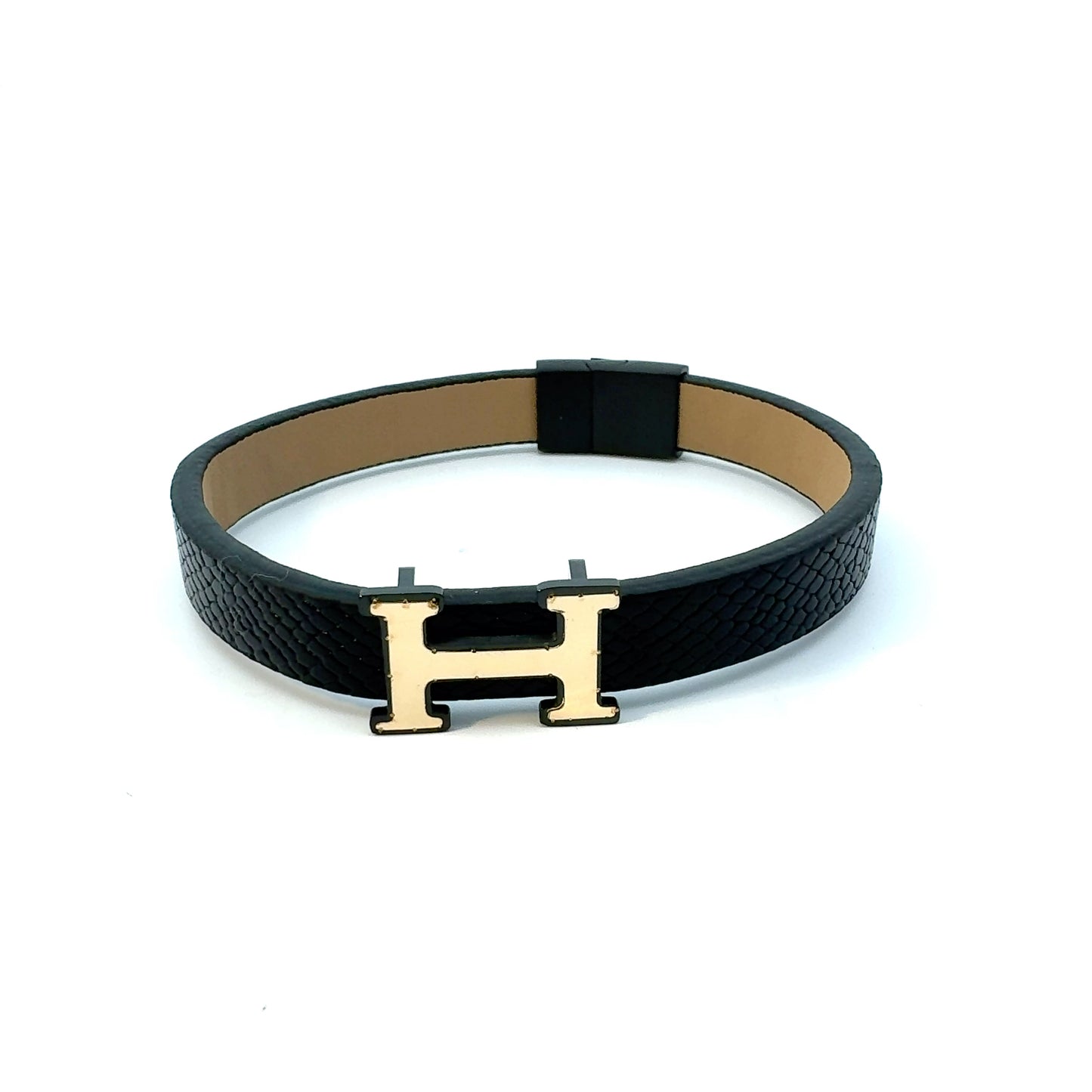 Gents 18K Gold & Leather H Bracelet