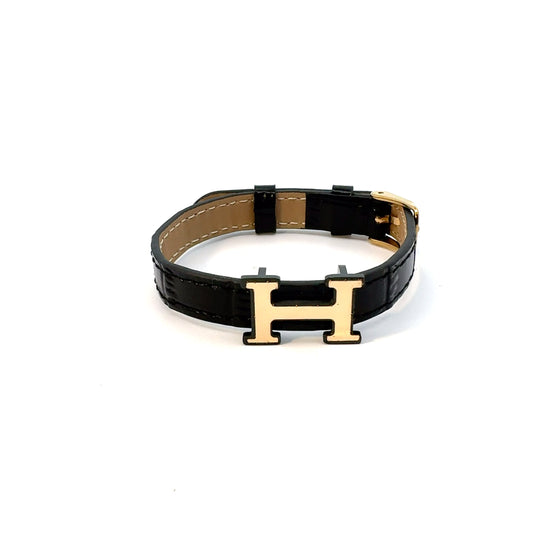 Gents 18K Gold & Leather H Bracelet