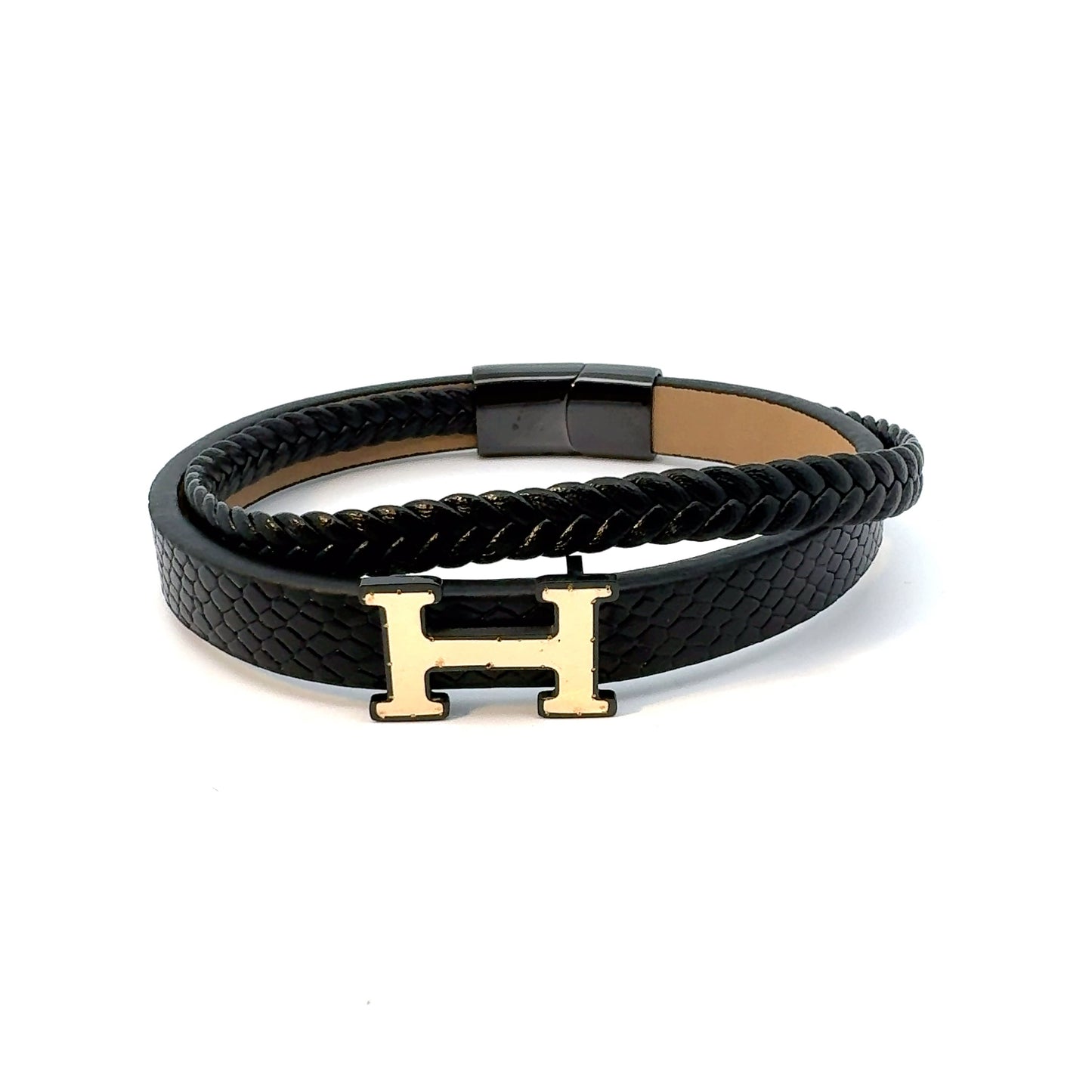 Gents 18K Gold & Leather H Bracelet